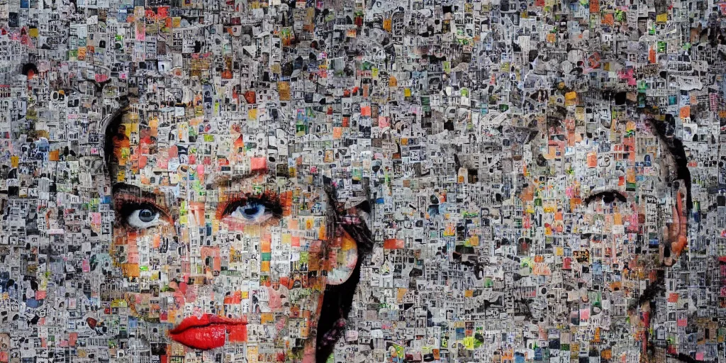 Image similar to beautiful portrait of a woman made up of images cut out of a magazine, contrast, texture,