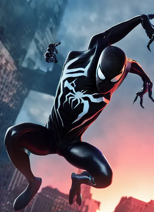 Image similar to photograph of a symbiote and spider - man hybrid, dslr, cinematic, volumetric lighting, 8 k resolution, photorealistic