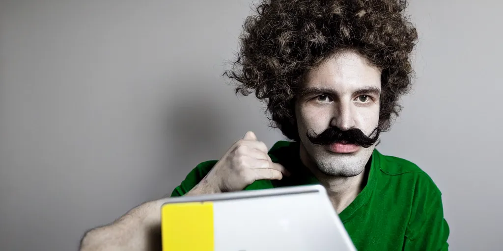 Image similar to french white man with puffy hair, mustache and a green sitting on a black chair in his room looking at the camera, photorealistic, webcam, yellow lightning