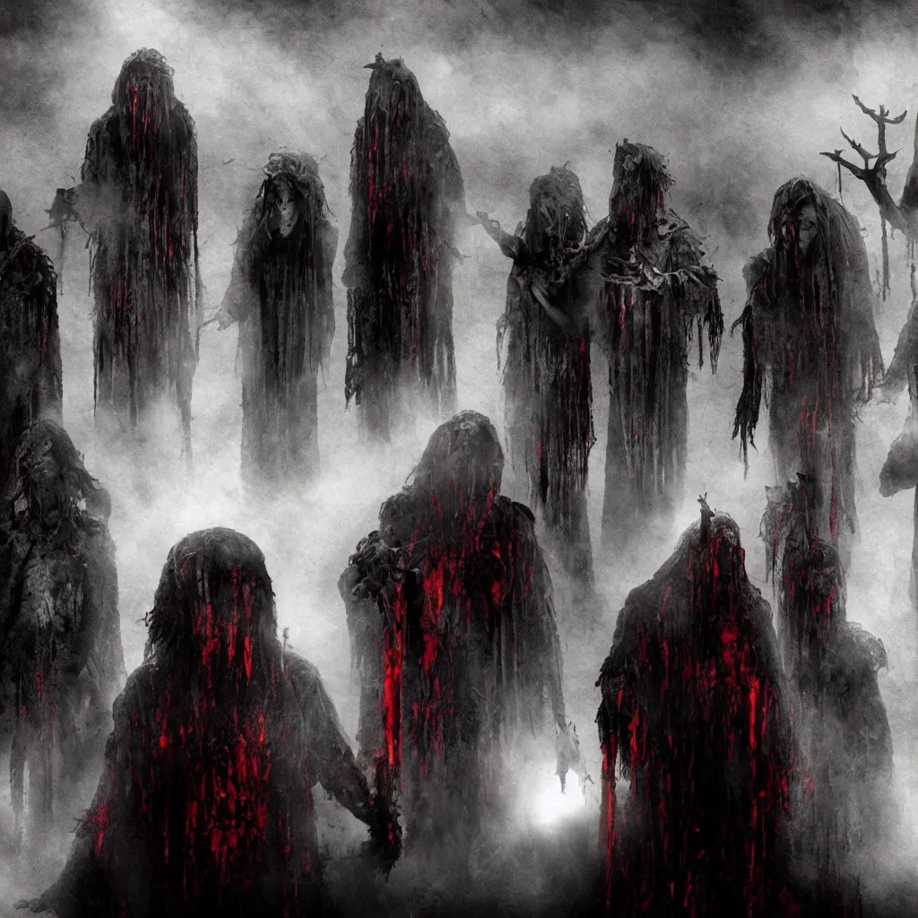 Prompt: members of a blood cult summon a deity, dark and mysterious, atmospheric, ominous, eerie, cinematic, 4k, ultra realistic