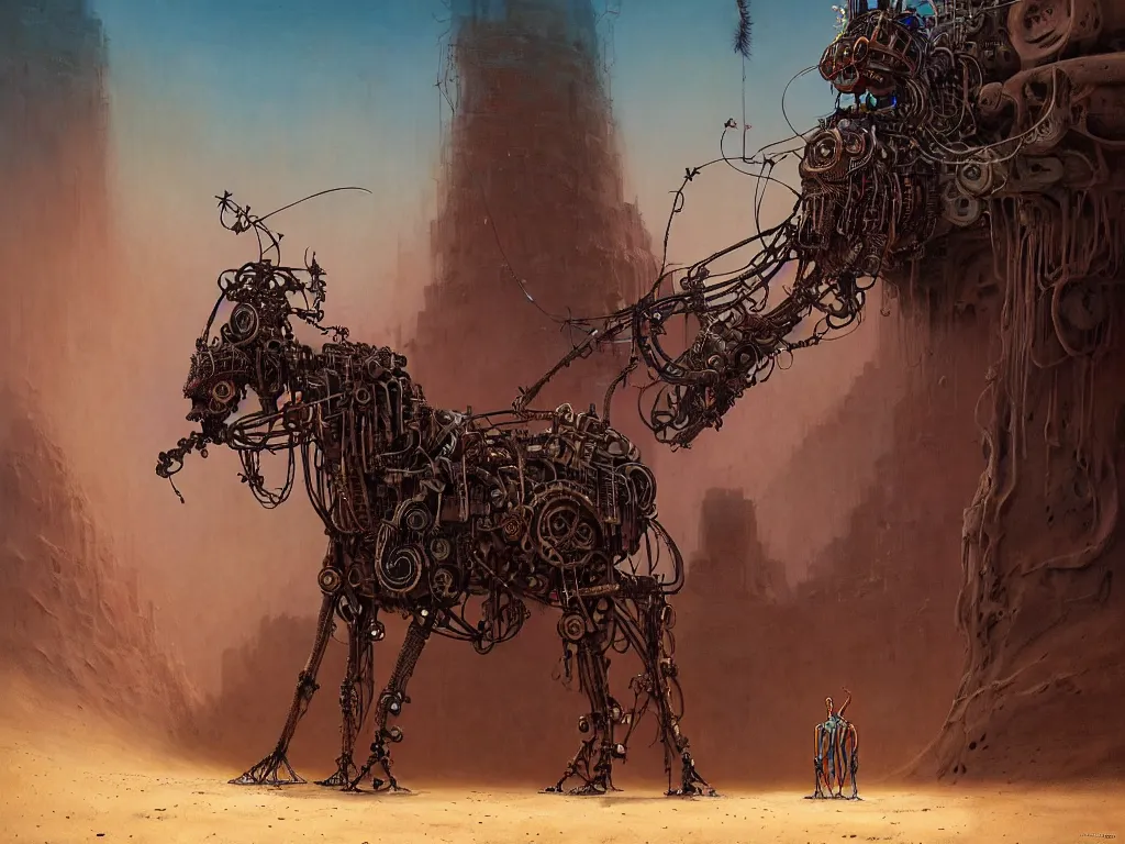 Image similar to A magical male-shaman in shamanistic robes performs a ritual to resurrect a mechanical horse inside a huge steel ancient ruins covered of dunes of sand. Art by Finnian MacManus, Zdzisław Beksiński, Simon Stalenhag, Arthur Rackham. Masterpiece, fantasy art, cinematic, hyperdetailed, sigils, photorealistic, cyberpunk, postapocalyptic, steampunk, hyperrealism, octane render, 8k