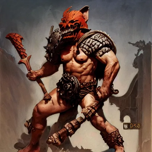 Prompt: quarter length portrait of a gladiator hobgoblin, d & d, fantasy, greg rutkowski, frank frazetta, alexandre chaudret, boris vallejo, michael whelan, miro petrov, hr giger, magali villeneuve, donato giancola