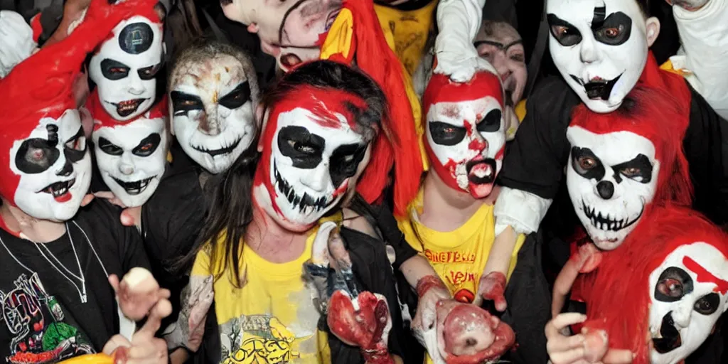 Prompt: cyclops Juggalo coneheads school food fight, detailed facial expressions