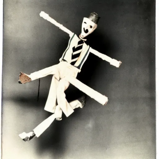 Image similar to 1 9 5 0 s, creepy marionette puppet jumping towards viewer, horror, lost photograph, forgotten, polaroid,