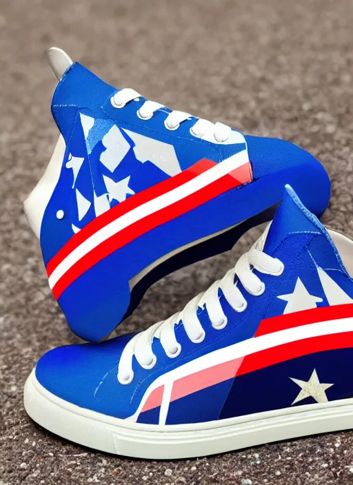 Prompt: Captain America sneaker, view from the side, Light Mode, Future Funk, Painted By Lawrence Pelton