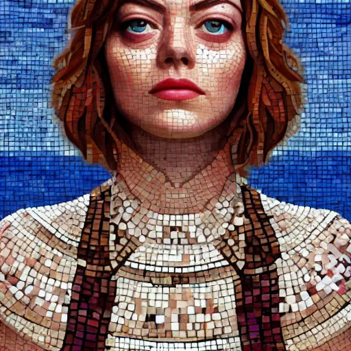 Prompt: beautiful zeugma mosaic of emma stone, significant pebbles boundaries, most beautiful mosaic in the history, high detail, realistic, accurate facial detailing, realistic composition, concept art, best of artstation, in the style of alfredo candelaresi