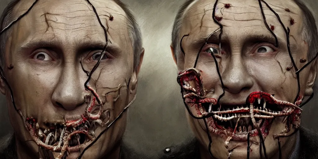 Image similar to highly detailed surreal portrait of vladimir putin's face is eaten by worms, in the background an army of zombies with their mouths sewn shut with wire in the shape of the letter z, style of greg rutkowski and ralph horsley, photorealistic, hyperdetailed, matt painting, digital art, non blurry, sharp, artstation, concept art, smooth, illustration