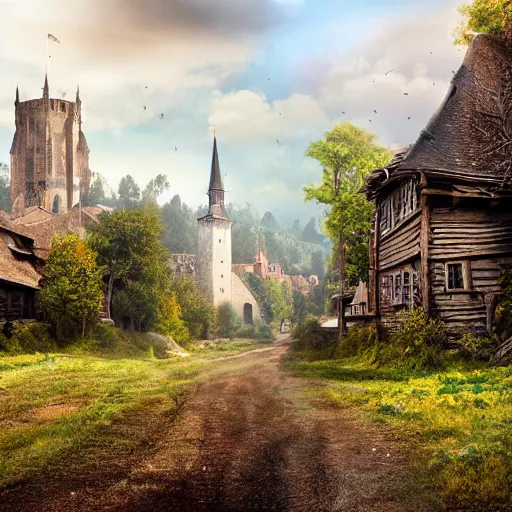 Prompt: hyper realistic fantasy photography of a small medieval town on a grassy plain, wooden buildings, a muddy road runs through the middle of town, a great forest in the distance