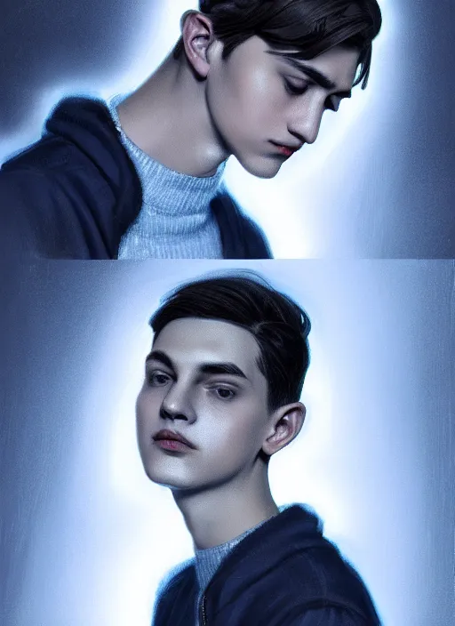 Image similar to portrait of teenage jughead jones wearing a light grey crown, crown, blue turtleneck, 1 9 5 0 s, closed eyes, photorealistic, black hair, glowing lighting, intricate, elegant, glowing lights, highly detailed, digital painting, artstation, concept art, smooth, sharp focus, illustration, art by wlop, mars ravelo and greg rutkowski