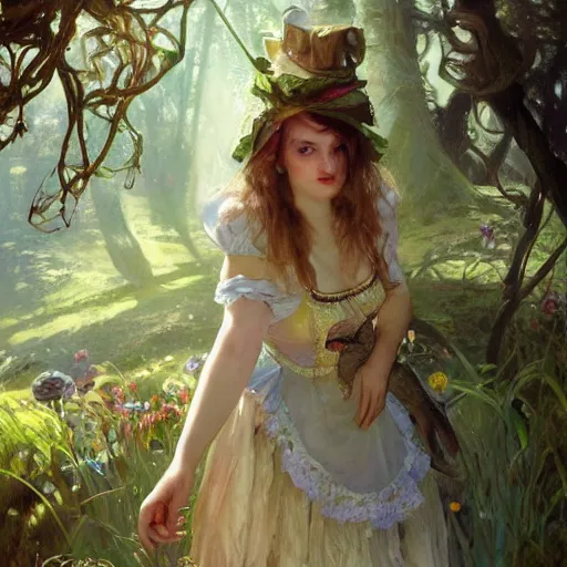 Image similar to close up portrait of alice in wonderland, magical forest, dramatic lighting, high detail, painted, by greg rutkowski, painted by stanley artgerm, painted by alphonse mucha, trending on artstation