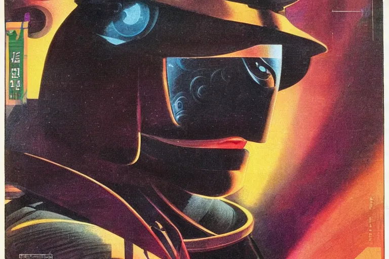 Prompt: 1979 OMNI Magazine Cover of a a samurai in a conical hat. in cyberpunk style by Vincent Di Fate