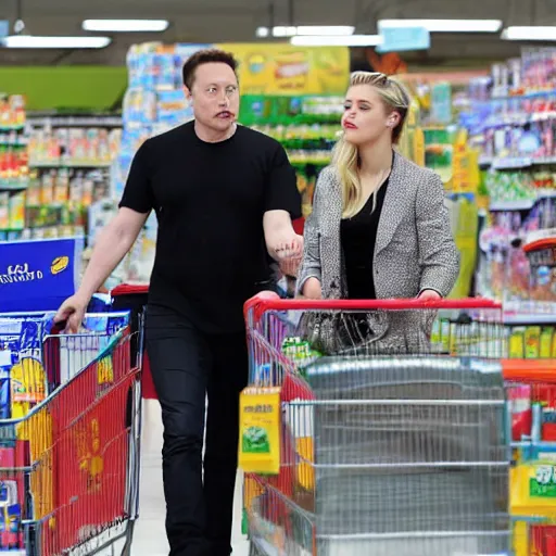 Image similar to Elon Musk and Amber Heard buying pampers at supermarket, paparrazi shot