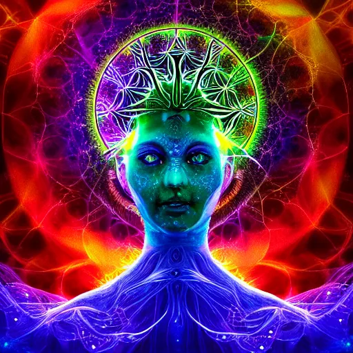 Prompt: hallucionational imaginery spirits, gaia, human form with third eye and peacock tail, tree of life, swirls, energy, nebula, dream, xray art, fractal, symmetrical, in the style of pablo amaringo, alex grey, hana alisa omer, psychedelic, beautiful, imaginative, vibrant, 3 d octane render 4 k