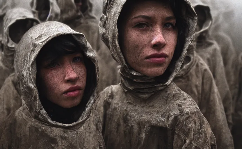 Image similar to cinestill 5 0 d photographic portrait by helen levitt of a group of diverse android women wearing rugged black mesh techwear in a foggy cement maze, extreme closeup, modern cyberpunk, dust storm, 8 k, hd, high resolution, 3 5 mm, f / 3 2, ultra realistic faces, intricate detail, ex machina