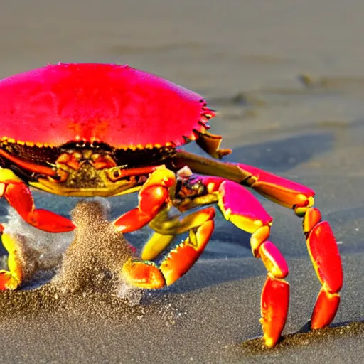 Prompt: a crab riding a bicycle on the beach