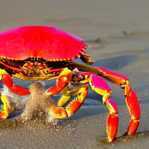 Image similar to a crab riding a bicycle on the beach