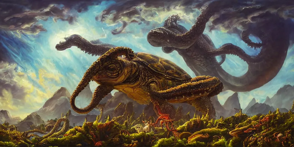 Image similar to fantasy oil painting, great leviathan, cybernetic turtle cephalopod terrapin reptilian pachyderm squid, bella hadid, hybrid, milla jovovich, anubis, epic natural light, lush plants flowers, spectacular mountains, bright clouds, luminous sky, outer worlds, golden hour, michael cheval, edward hopper, michael whelan, vray, hd