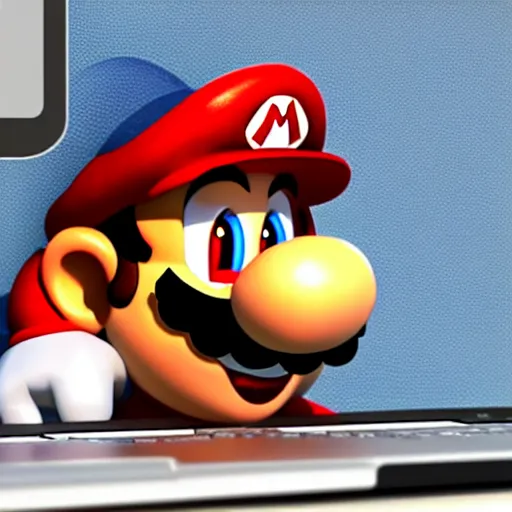 Image similar to photo of super mario working on his macbook, highly detailed, extremely high quality, hd, 4 k, 8 k, professional photographer, 4 0 mp, lifelike, top - rated, award winning, realistic, detailed lighting, detailed shadows, sharp, no blur, edited, corrected, trending