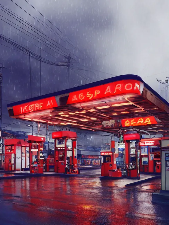 Image similar to photo of 8k ultra realistic gas station, neon, heavy rain, full of colour, cinematic lighting, battered, trending on artstation, 4k, hyperrealistic, focused, extreme details,unreal engine 5, cinematic, masterpiece, art by ayami kojima, giger