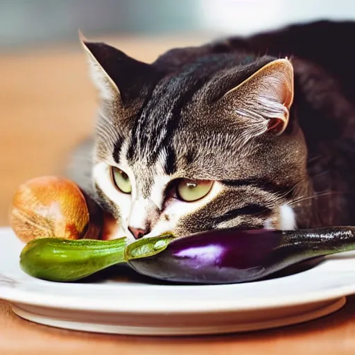 Image similar to a cat eating an eggplant on a plate, realistic, 8 k