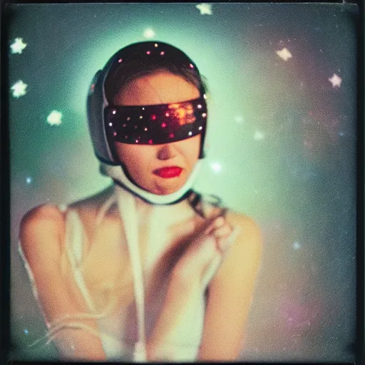 Prompt: a polaroid portrait of a beautiful woman wearing a space helmet, starry background, bokeh, lit from behind, heavy film grain, color bleed