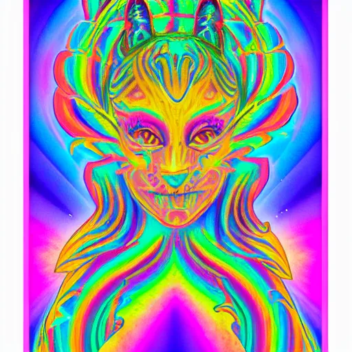 Prompt: a holographic sticker in the style of lisa frank and alex grey