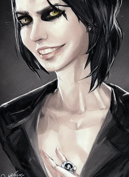 Image similar to a highly detailed illustration of beautiful short black messy haired woman wearing eyepatch!!! and noir style suit and tie, dramatic smiling pose, intricate, elegant, highly detailed, centered, digital painting, artstation, concept art, smooth, sharp focus, league of legends concept art, WLOP