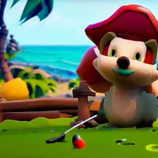 Image similar to hedgehog playing golf in sea of thieves, hedgehog wearing a pirate hat, cute, colourful, happy, adorable