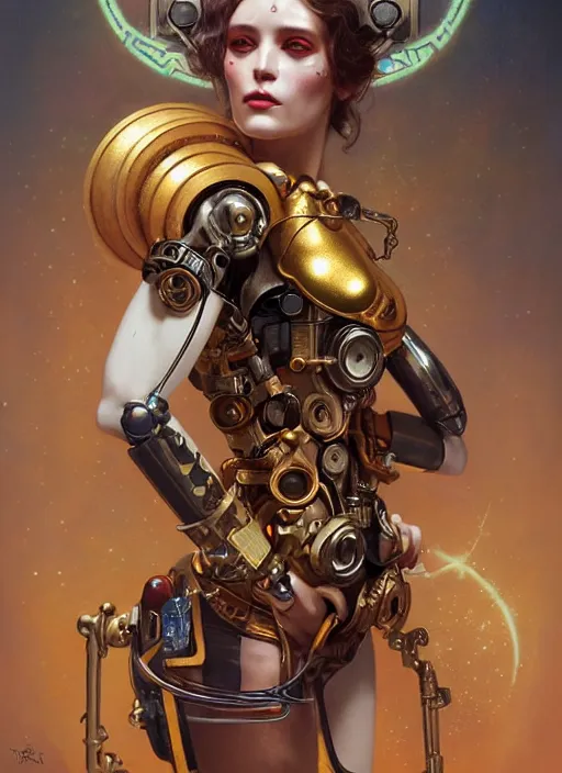 Image similar to hyper realistic girl cyborg with gold skull head hornment, magical, gems, jewels, gold, steampunk, cyberpunk utopia, painted by tom bagshaw, mucha, gaston bussiere, craig mullins, j. c. leyendecker 8 k