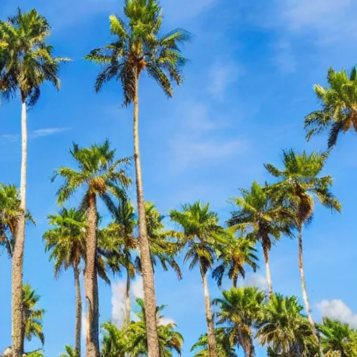 Prompt: surreal palm trees detached trunks floating floating floating in blue sky, random positions floating, flying