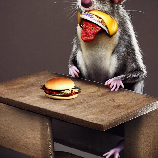 Image similar to an anthropomorphic rat!!!!! sitting at a desk, eating a burger, photorealism, 4 k, 8 k, shot by jimmy nelson, intricate