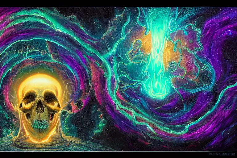 Image similar to a giant skull with deep and intricate rune carvings and glowing eyes with thick lovecraftian tentacles emerging from a space nebula by dan mumford, twirling smoke trail, a twisting vortex of dying galaxies, digital art, photorealistic, vivid colors, highly detailed, intricate