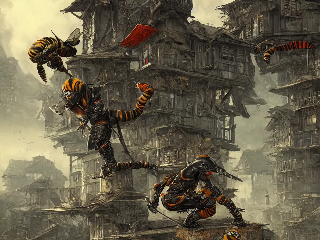 Image similar to Hooligan ninjas bee squatting on suburbia. Photorealistic, lifelike, Unreal Engine, sharp, sharpness, detailed, 8K, by Gerald Brom, Dan Mumford