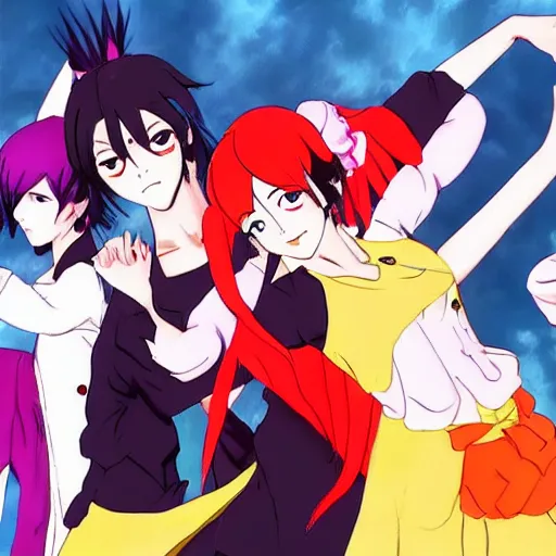 Prompt: Bakemonogatari characters dancing flamenco