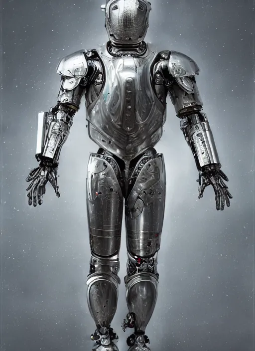 Image similar to portrait of a futuristic silver armored knight cyborg with mechanical very detailed space suit, modern fine art, fractal, intricate, elegant, highly detailed, digital photography, subsurface scattering, by jheronimus bosch and greg rutkowski,