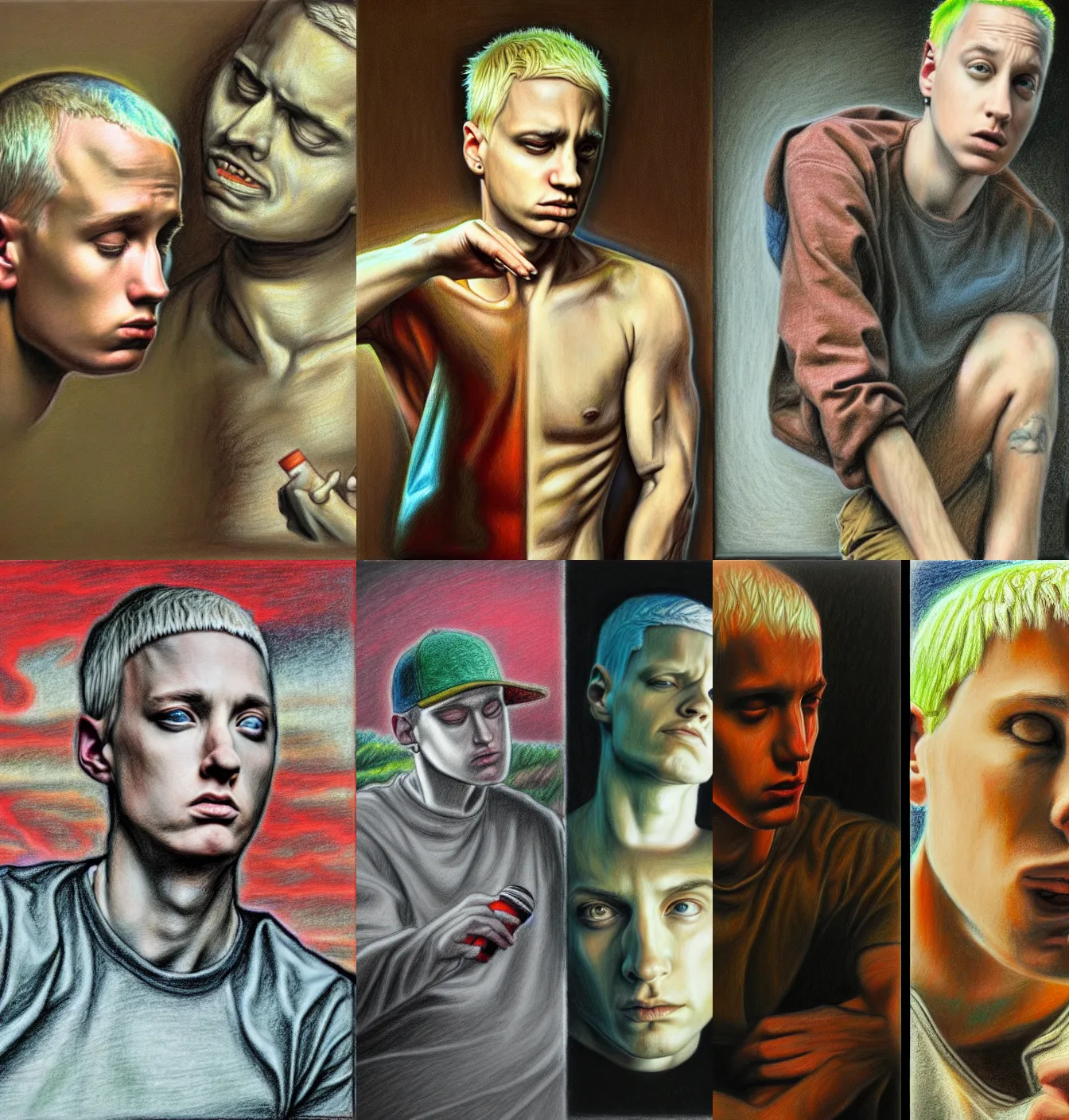 Prompt: surreal juxtaposition eminem slim shady, classical realism, pastels