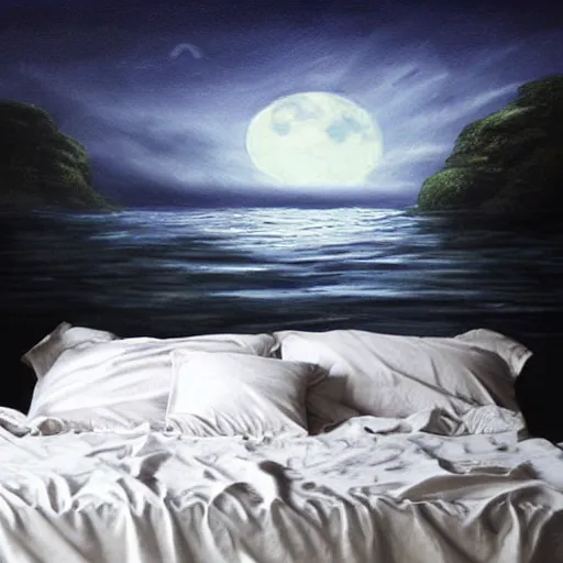 Prompt: ominous bedsheet ghost floating above the ocean late at night, moonlight reflections, oil painting, brush strokes, gloomy misty atmosphere, symmetrical, full body image, highly ornate intricate details,