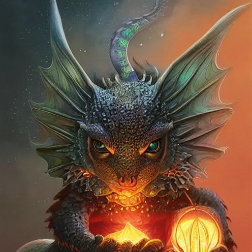 Prompt: a hyperrealistic illustration of a cute dragon that glows in the dark, mountains with fractal moonlight, little dragon with glowing scales, award - winning, masterpiece, in the style of tom bagshaw, cedric peyravernay, peter mohrbacher