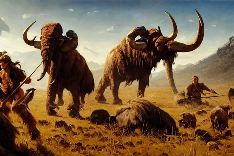 Image similar to epic scene of prehistoric hunter gatherers hunting a wooly mammoth with spears, autumn season, clear and beautiful sunny weather, sharp focus, epic feels, high details, oil painting by greg rutkowski and craig mullins, frank frazetta, 8 k