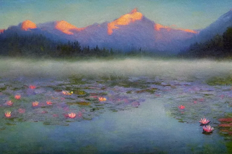 Image similar to impressionism painting of a pond of water lily on a foggy morning, sun low on horizon through snow capped mountains, soft light, misty