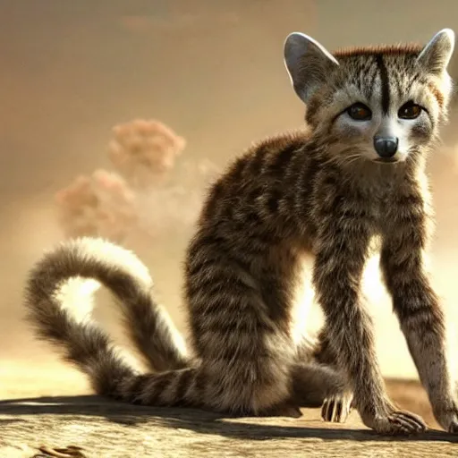 Image similar to A beautiful scene from a 2020 sci-fi film featuring a humanoid genet wearing a white shirt. Detailed, photorealistic special effects.