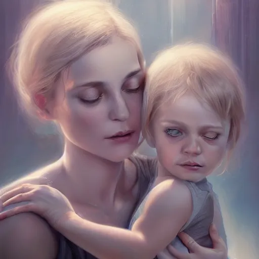 Image similar to pure love is patient love is kind, mother and child ; photorealistic oil painting by charlie bowater and mark brooks ; highly detailed cute faces by wlop ; trending on artstation ; 8 k high resolution, symmetrical, cinematic, high coherence, golden ratio, rule of thirds, perfectly centered anatomically accurate portraits