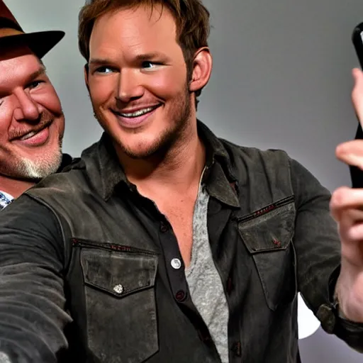 Image similar to chris pratt as indiana jones taking a selfie with harrison ford, instagram, cinematic, natural lighting, genuine smile