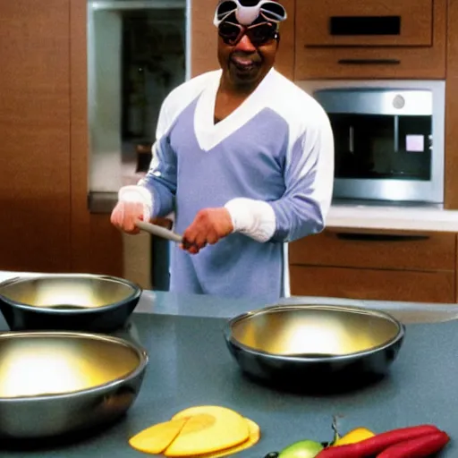 Image similar to Geordi La Forge wearing visor and a colander and random kitchen tools on his head