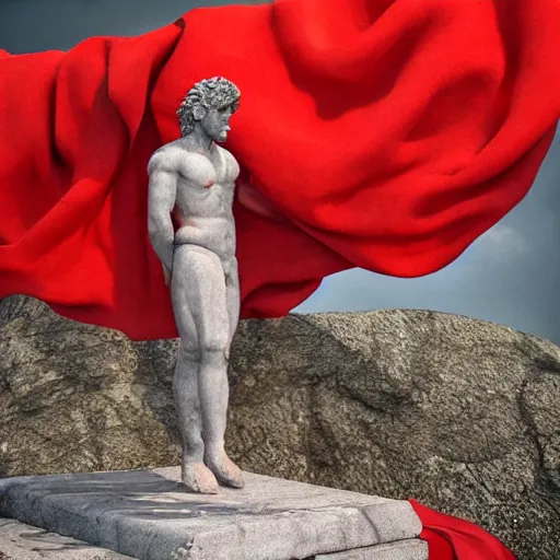 Image similar to a roman statue covered by red cloth that's blowing in the wind, digital art, concept art, cloth simulation with houdini, octane, redshift, 8 k