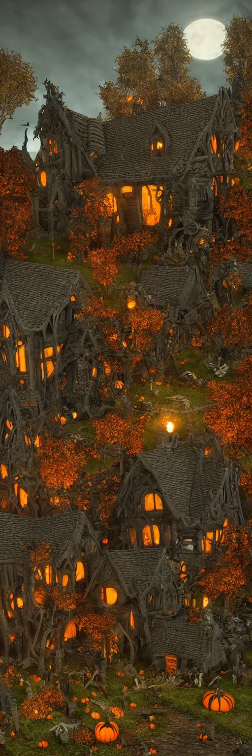 Image similar to a highly detailed old english tudor cottage in a scary pumpkin patch and graveyard, volumetric, fall colors, night, dead tree forest, pumpkins, moon, photorealistic, insanely detailed and intricate, epic scene, volumetric haze, hyper realistic, elegant, ornate, elite, horror, creepy, ominous, haunting, cinematic lighting, unreal engine, symmetrical, cinematic centered camera, high detail