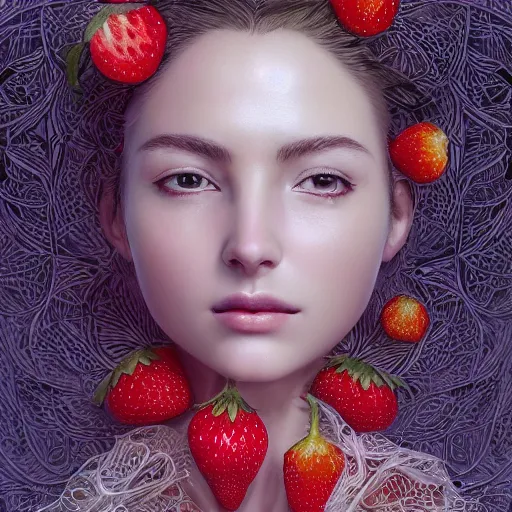 Image similar to the portrait of an absurdly beautiful, graceful, elegant, sophisticated, fashionable young woman made of strawberries and white petals looking down, an ultrafine hyperdetailed illustration by kim jung gi, irakli nadar, intricate linework, bright colors, octopath traveler, final fantasy, unreal engine 5 highly rendered, global illumination, radiant light, detailed and intricate environment