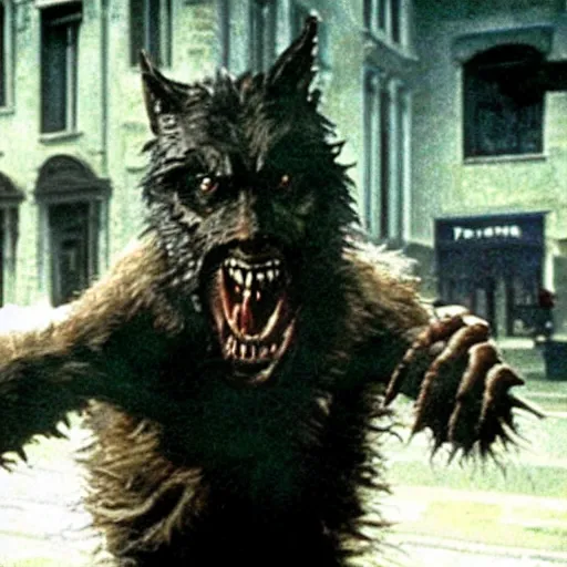 Image similar to film still of a funny looking werewolf extending out his hand in an american werewolf in london