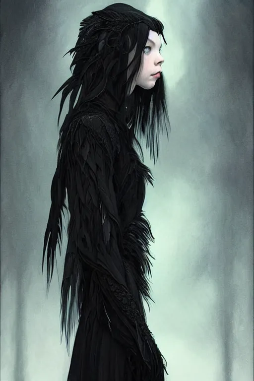 Prompt: symmetry!! jennifer connely mixed with anya taylor - joy as dark fae, black feathers instead of hair, feathers growing out of skin, shapeshifting, long black cloak, intricate, elegant, highly detailed, my rendition, digital painting, artstation, concept art, smooth, sharp focus, illustration, art by artgerm and greg rutkowski and alphonse mucha