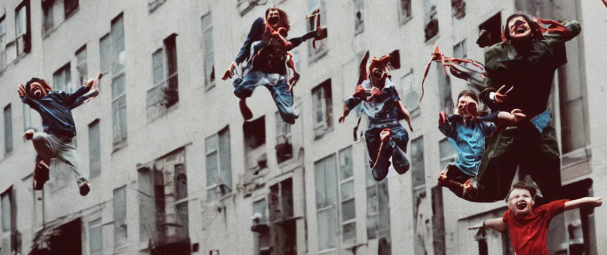 Image similar to filmic extreme close up shot 3 5 mm film color photograph of a family jumping bloody pants off a building laughing with tentacle arms happy, only color results